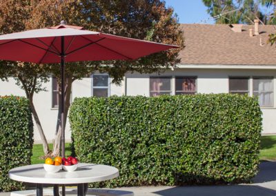 A table with a bowl of fruits and umbrella outside at Laurel Park